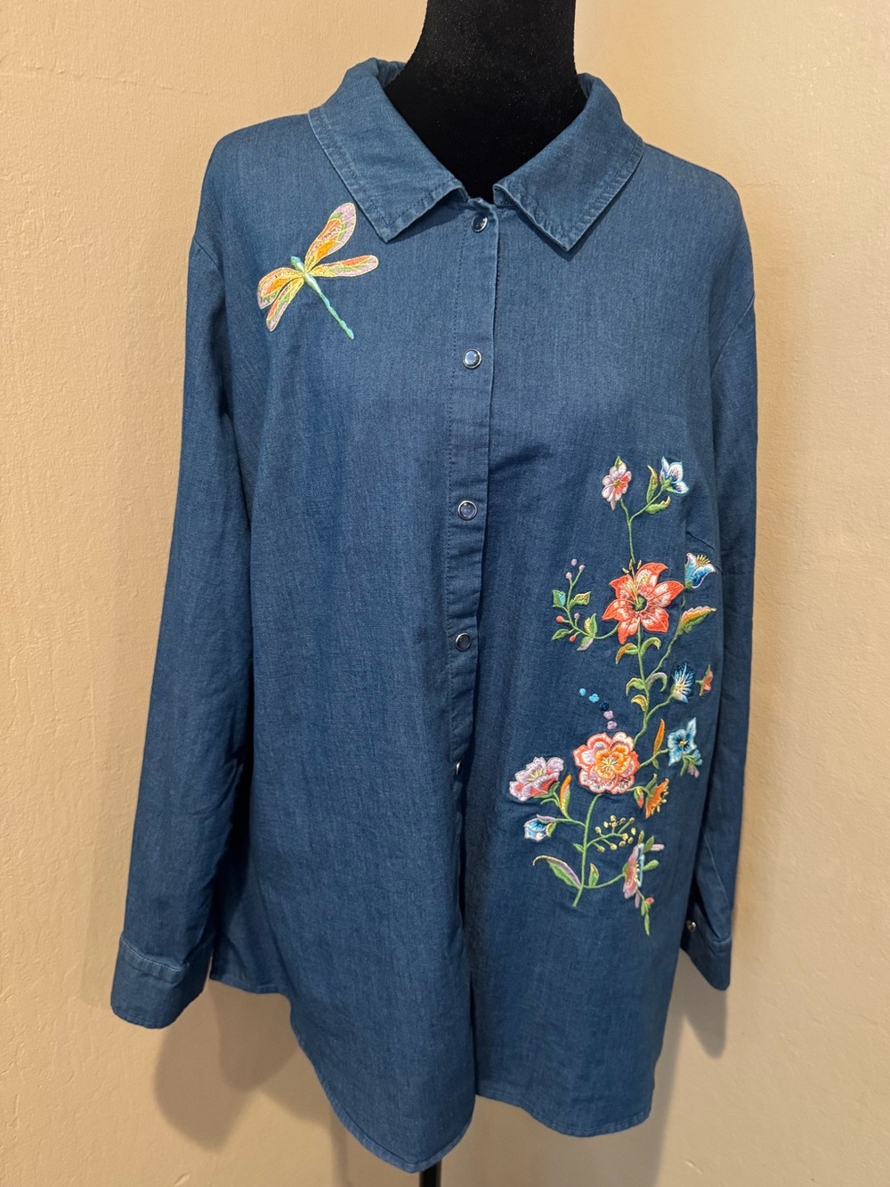 Quacker Factory Embroidered Dark Blue Denim Button-Up Shirt - Floral & Dragonfly